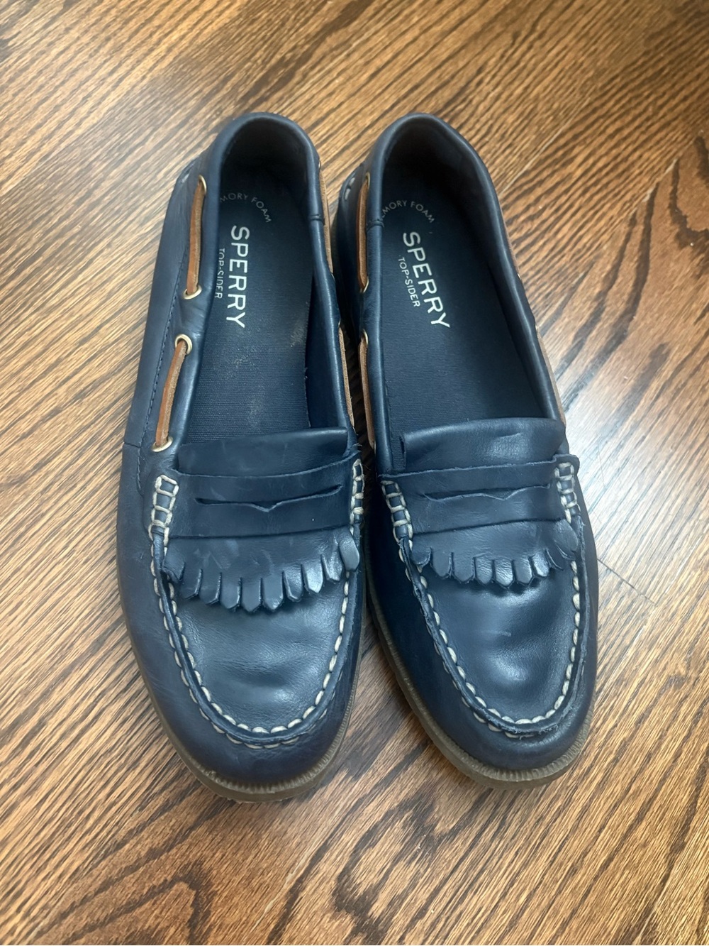Sperry Navy Leather Kiltie Penny Loafers with Tan Lace Detail
